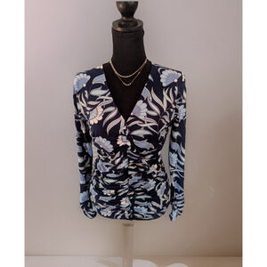 WHBM Blouse Womens XL Blue Floral V Neck Ruched Top Bodycon Stretch Slimfit NEW